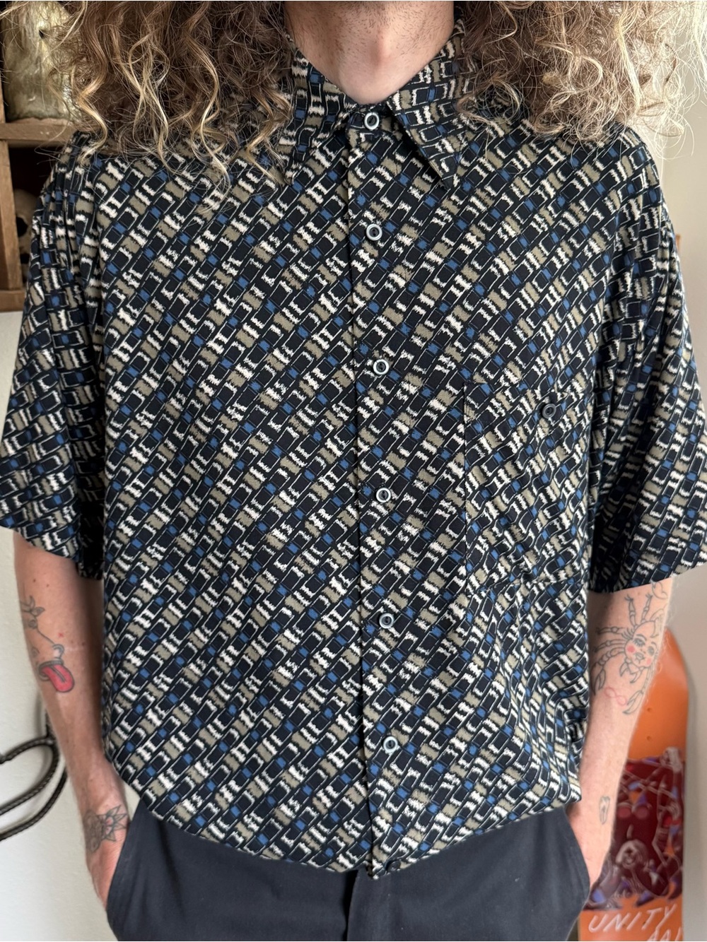 Vintage 80s 90s Abstract Geometric Short Sleeve Rayon Button Down - Size Medium